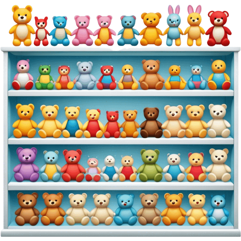 Icon for Toy Collecting: a collection of various vintage toys such as dolls, action figures, and plush animals, displayed neatly on shelves or in display cases. The icon should evoke the joy and nostalgia of collecting toys. Transparent background. emoji