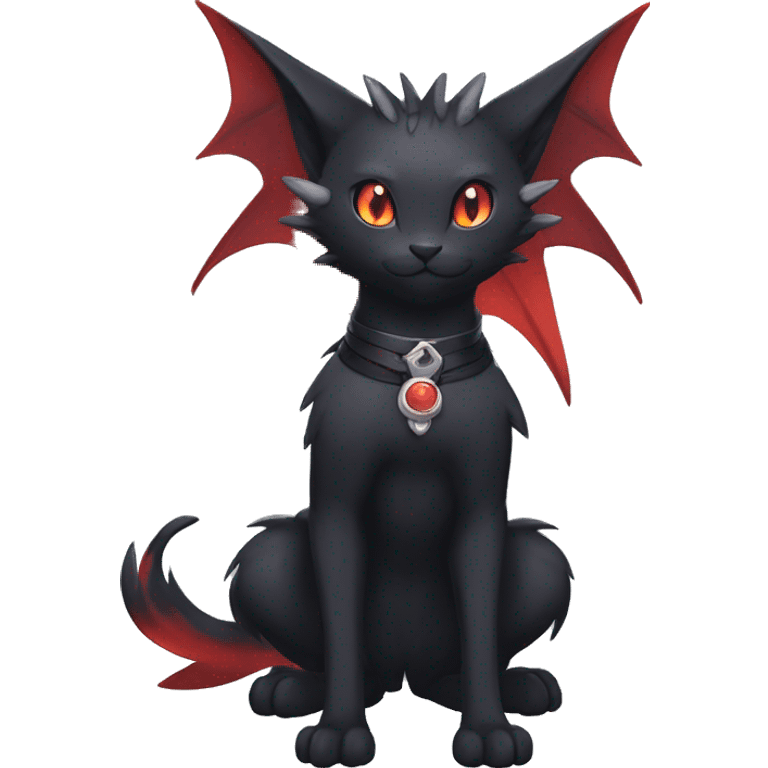 Kawaii cool edgy beautiful black red ethereal fantasy nargacuga-noivern-cat-Fakemon collar harness full body emoji