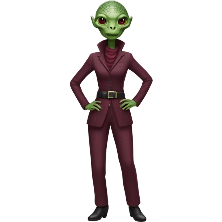 a Reptilian alien woman, full body, inBurgundy buckle dress pants emoji