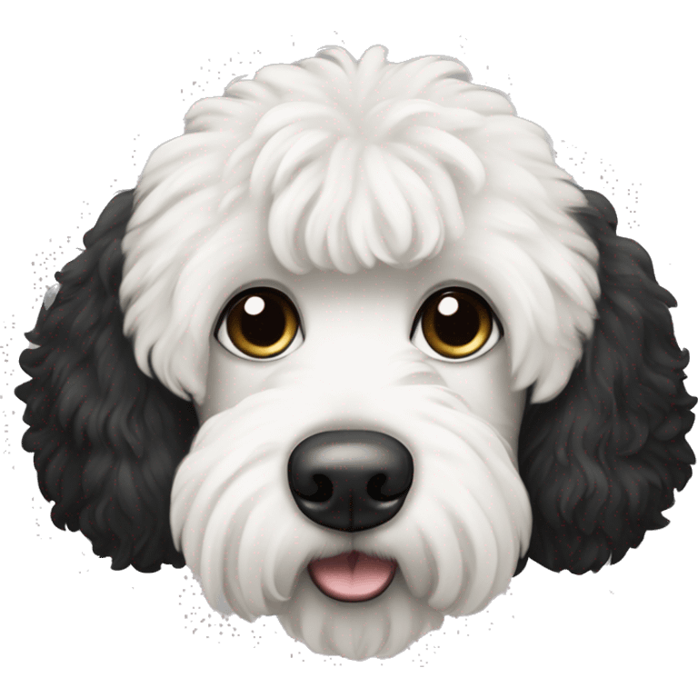 White and black labradoodle dog, black ears, black fur around left eye, white fur around right eye emoji