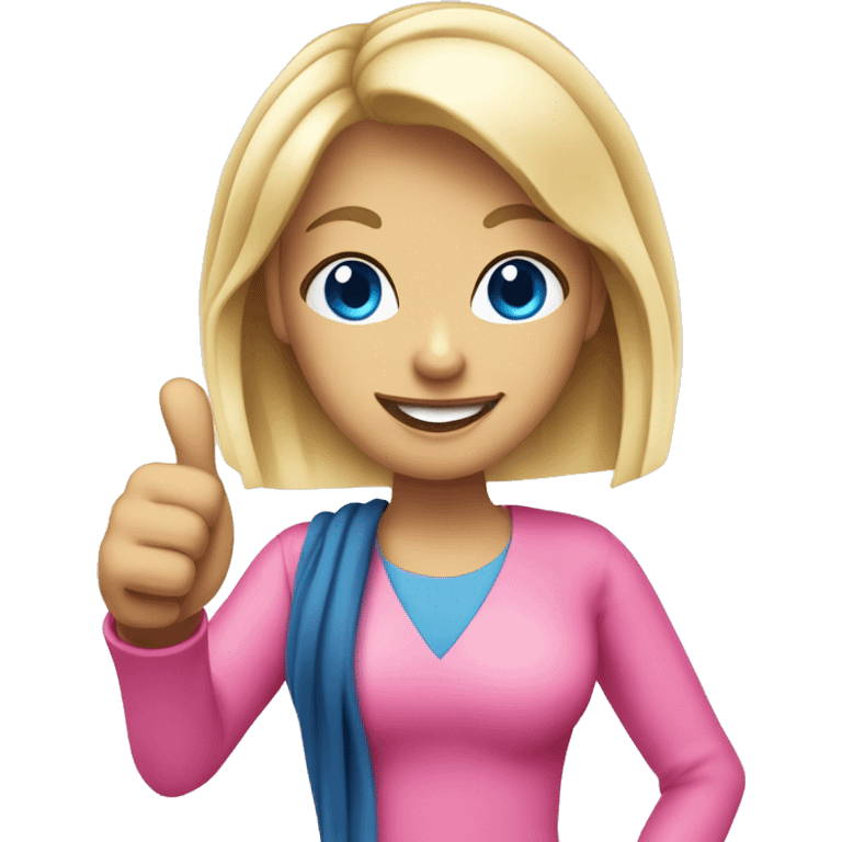 Attractive blonde blue eyed woman giving thumbs up wearing pink emoji