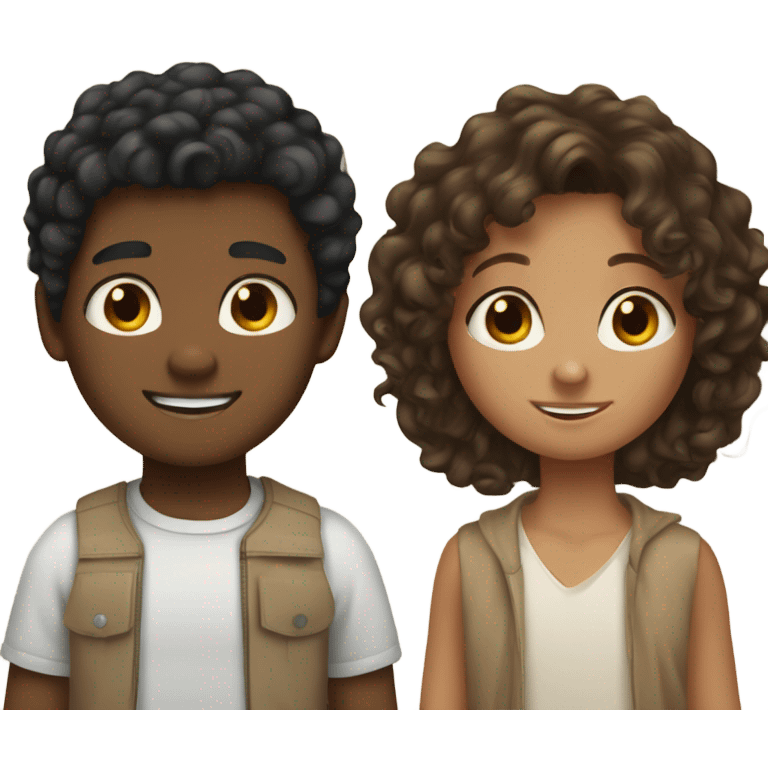 First boy black hair tan , middle girl long brown curly hair , pale boy brown hair emoji