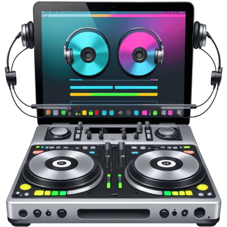 Create a professional and technical emoji that represents remixing music. The design should feature a high-end DJ controller, turntables with vinyl records, and a sound mixing console with faders to symbolize the technical aspects of remixing. Include elements like studio headphones and a laptop or digital audio workstation (DAW) screen to reflect the tools used in music production. Use colors like black, silver, and neon accents to convey the professional, high-tech nature of remixing. The background should be transparent. emoji