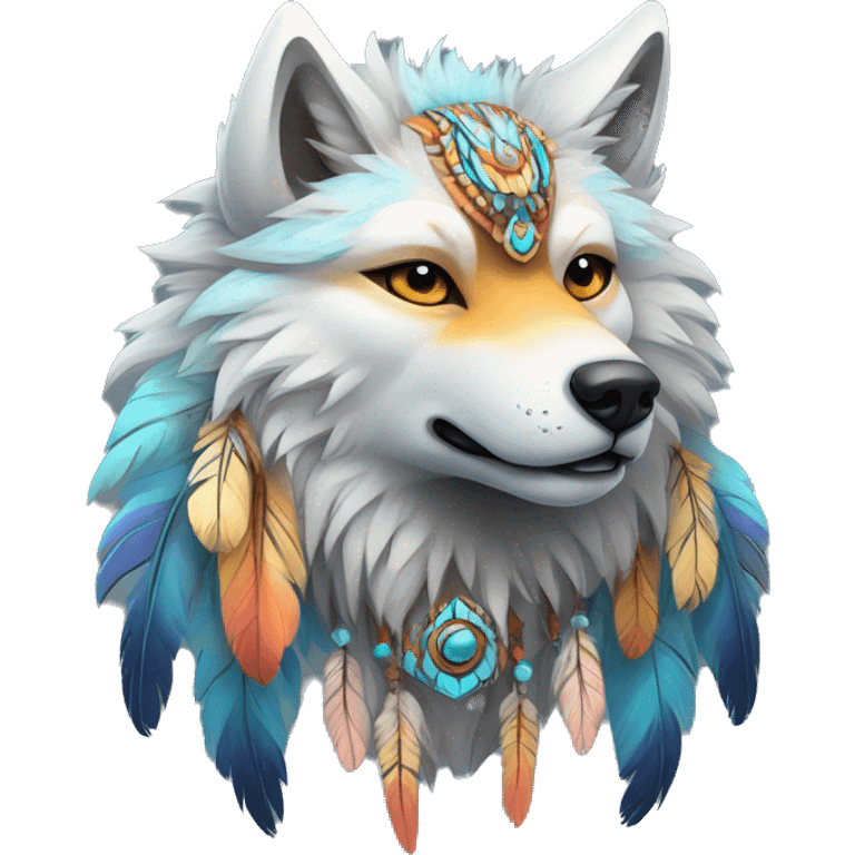 Fluffy Shy Colorful Spiritual Shamanic Wolf With Shiny Tribal Markings wearing feathers Full Body emoji