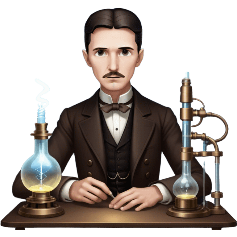 Nikola Tesla – Cinematic Realistic Portrait of Nikola Tesla, depicted as a visionary inventor with intense, thoughtful eyes and period attire, surrounded by subtle arcs of electric light and early laboratory apparatus, rendered with dramatic lighting that evokes mystery and innovation. emoji