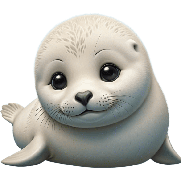 Cinematic Cute Baby Seal Portrait Emoji, Head tilted playfully and inquisitively, featuring a charming, pudgy body with velvety, damp fur, oversized round eyes brimming with innocent wonder, and a soft, cuddly face, Simplified yet irresistibly adorable features, highly detailed, glowing with a warm, frosty glow, high shine, affectionate and lively, stylized with a touch of whimsical polar magic, soft glowing outline, capturing the essence of a mischievous yet loving baby seal that seems as if it could waddle out of the screen into your arms! emoji