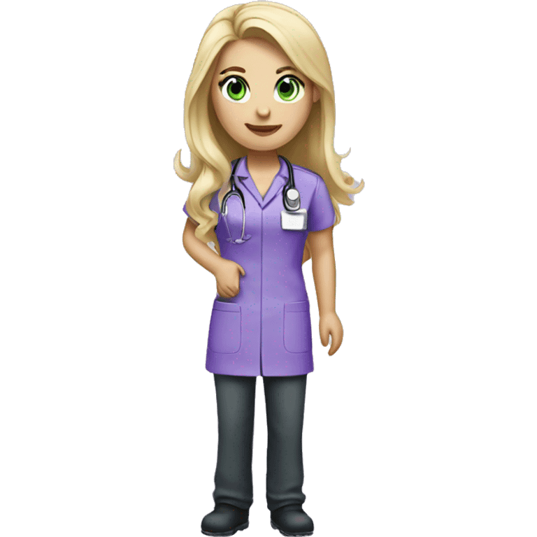 pretty nurse with long blonde hair green eyes   in purple scrubs emoji