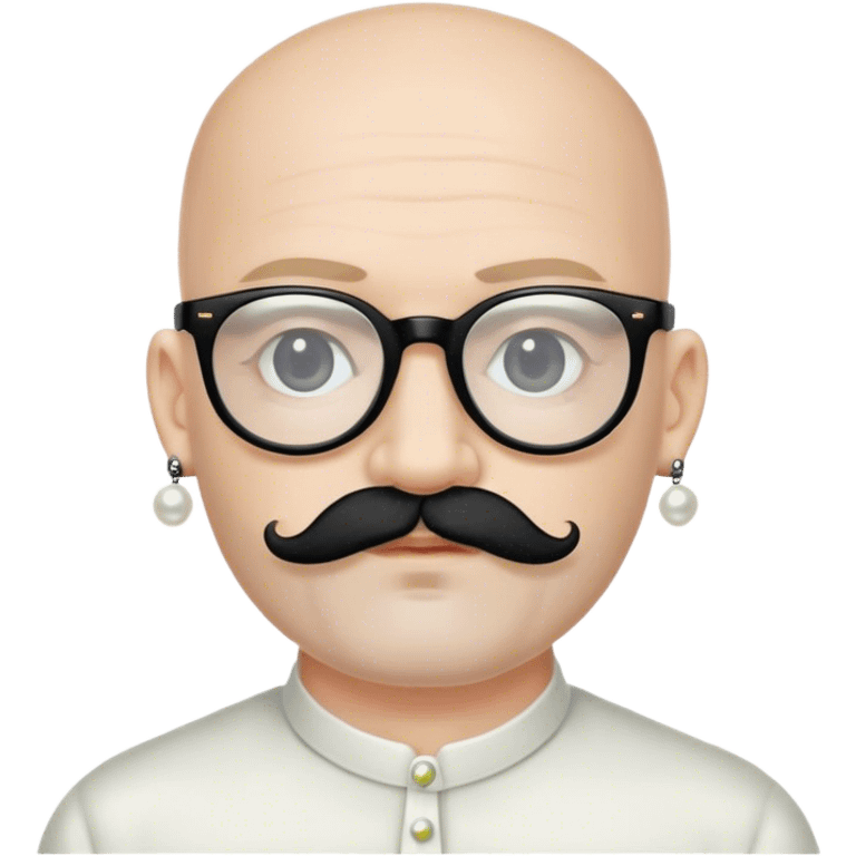 Bald man with pale skin wearing black glasses and pearl earrings with a small black mustache and a thin black beard  emoji