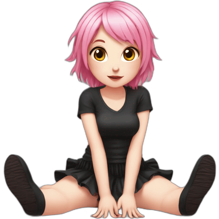 Full body Front view curvy emo girl pink hair sits on the floor straight view hands up black skirt белые трусики emoji