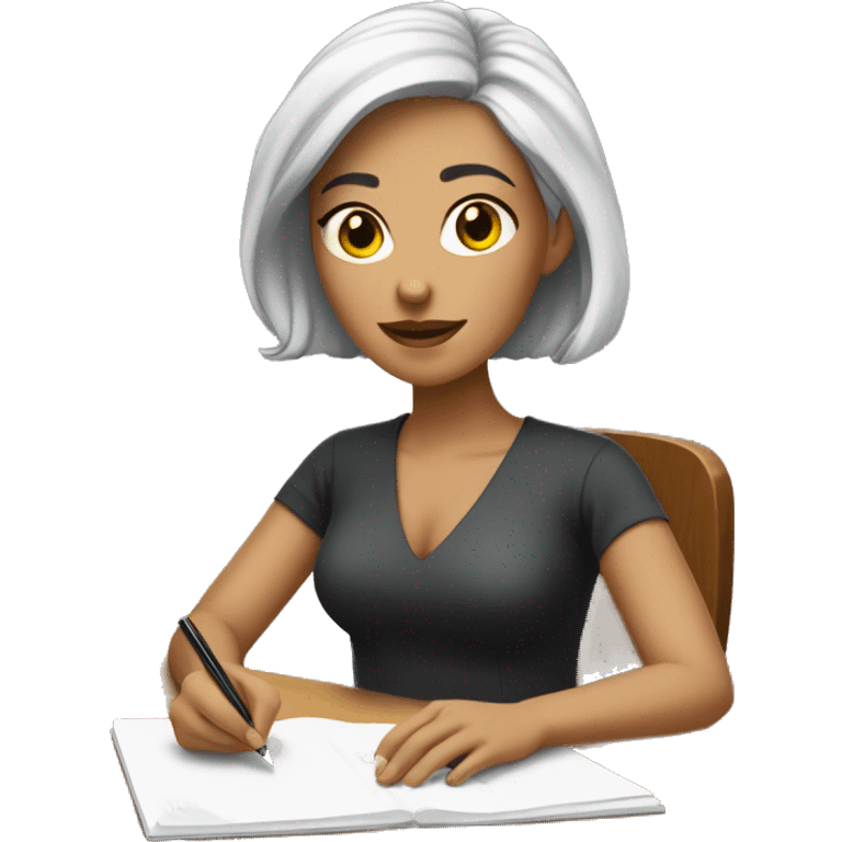 white woman with short black hair writing  a notebook on a wooden desk emoji