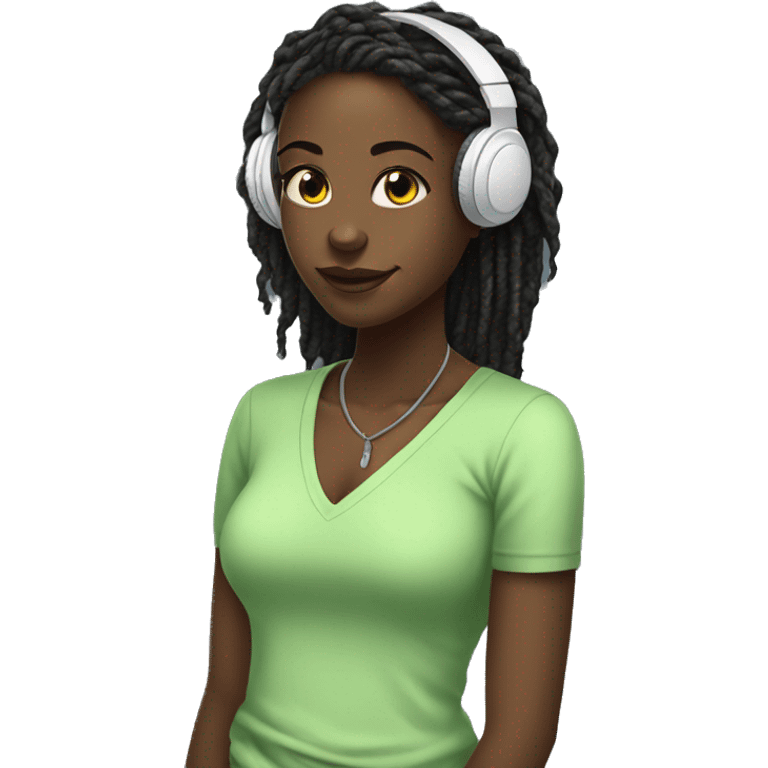 African girl. Black long twists. Wearing white headphones. Listening to music. Wearing a light green v neck top. emoji