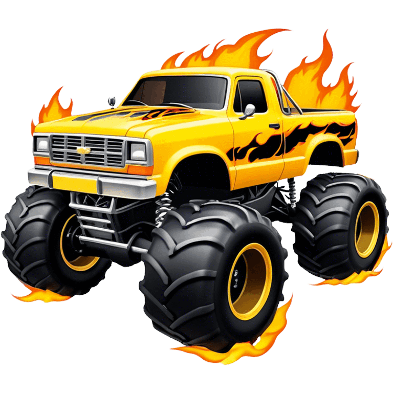 Maximum Destruction - Monster Jam (Model Year: 2021) (Iconic colour: Yellow with black flames) - A ferocious monster truck featuring a vivid yellow base accented by dramatic black flame patterns. Emphasize sharp, high-contrast flame streaks across the body, creating a look of aggressive, explosive energy. emoji