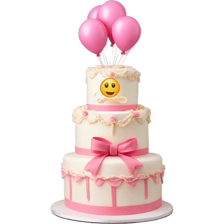 3 tier cake with bows and vintage frosting design  with pink balloons  emoji