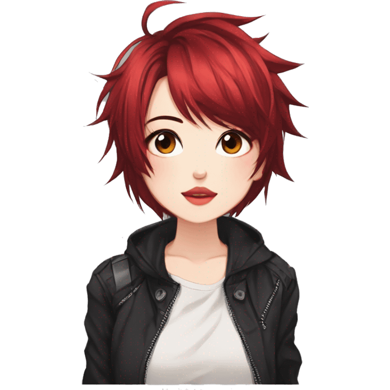 Gorgeous anime style tomboy with blushing face aesthetic and pretty edgy black red punk hair with hair garment trending style emoji