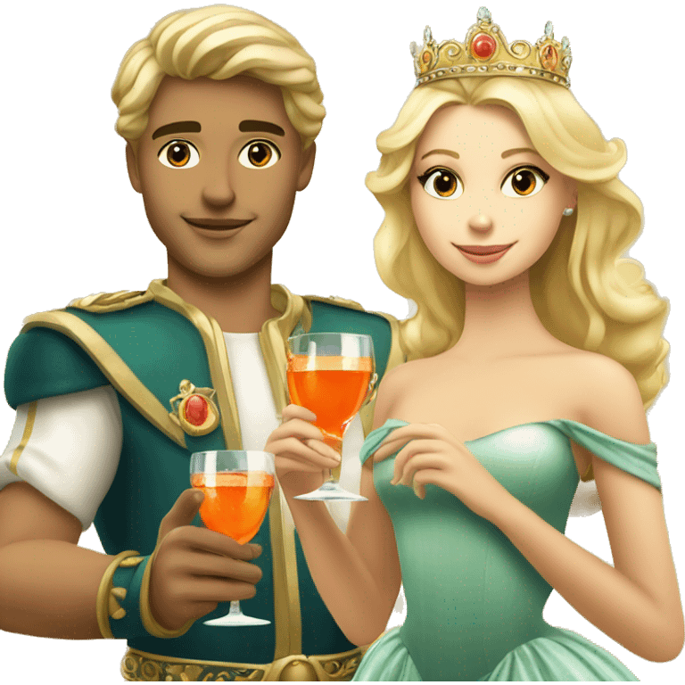 beautiful blond princess with crown in a golden dress and a beautiful blond prince drinking aperol emoji