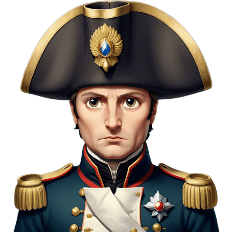 Cinematic Realistic Napoleon Bonaparte Portrait Emoji, depicted as a commanding military leader with a determined gaze and iconic bicorne hat, rendered with dramatic textures and bold historical lighting that captures his imperial legacy. emoji