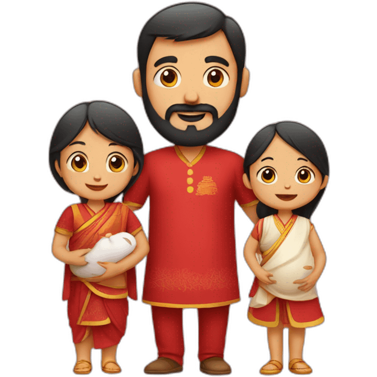 Indian dad with beard and Chinese wife in red and 1 small baby emoji