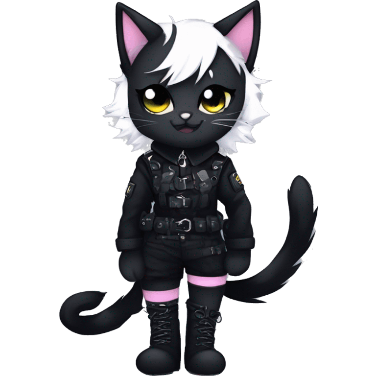 Gorgeous furry gothic dark techwear anime style anthro black cat fursona with blushing face aesthetic and pretty edgy black with collar and harness trending style emoji