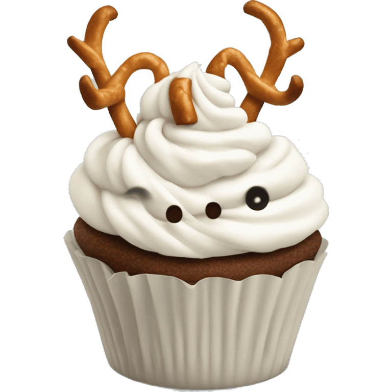 Cupcake with white frosting and with pretzel antlers at the top emoji