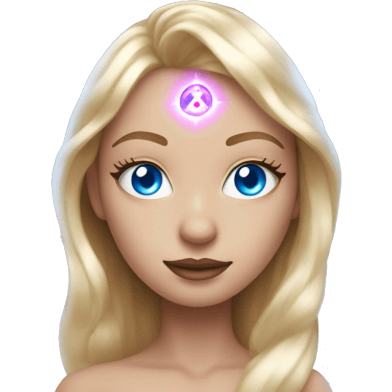 magical diva with thin pink andromedan face long blonde hair and blue eyes glowing third eye emoji