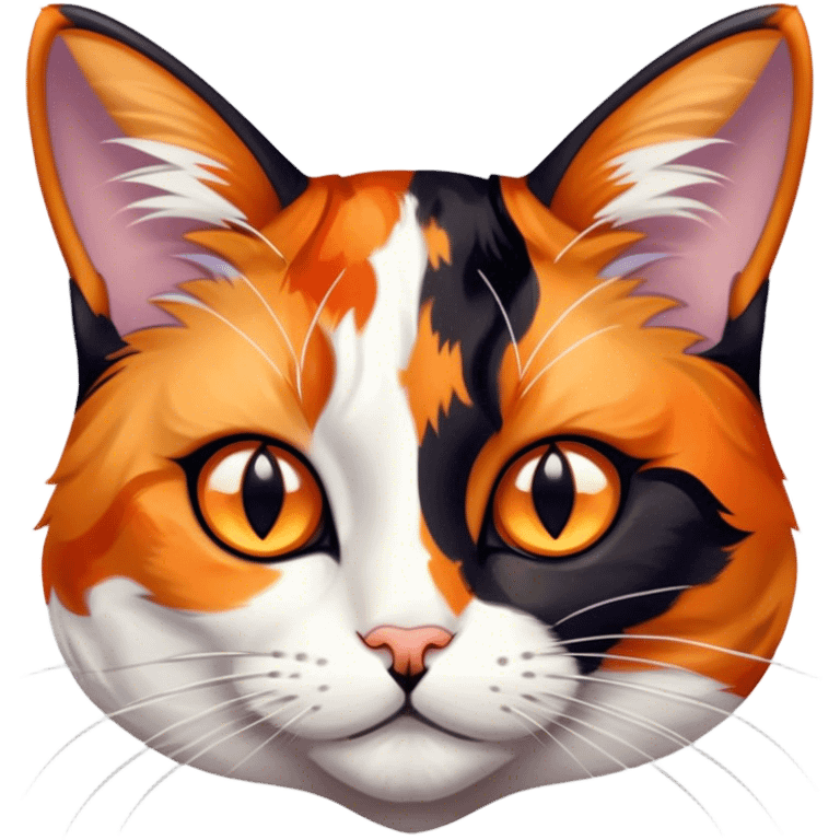 Cinematic Noble Calico Cat Portrait Emoji, Poised and regal, with a striking patchwork fur in vibrant orange, black, and white hues, delicate whiskers and a refined, focused gaze, simplified yet exquisitely detailed, glowing with a soft, moonlit radiance and an air of aristocratic elegance, high shine, exuding dignified intelligence and poised authority, soft glowing outline, capturing the essence of a watchful and noble calico cat that appears ready to grace the screen with effortless majesty! emoji