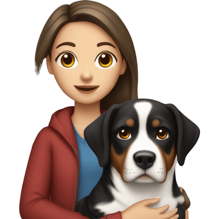 white brunette girl holding a swiss mountain dog emoji