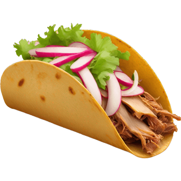 A cartoony Pulled pork taco with a few radish shreds topped  emoji