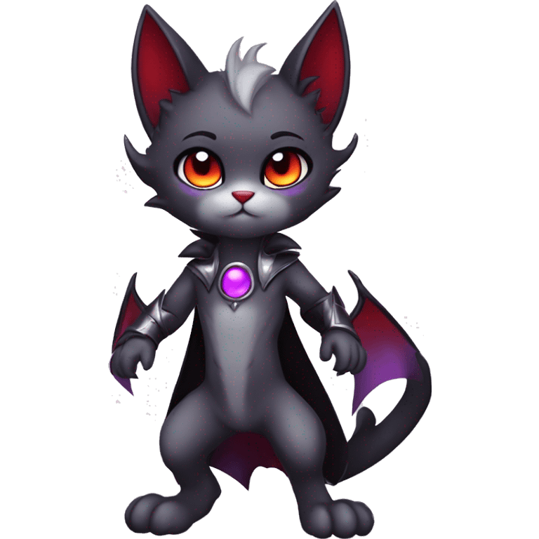 Anthro-Cute-Edgy-Vampiric-Batty-Cat-Black-Purple-Red-Grey-White-Contrast-Colors-Fantasy-Fur-Sona-Chibi-Shiny-Fakémon-Hybrid with horns full body emoji