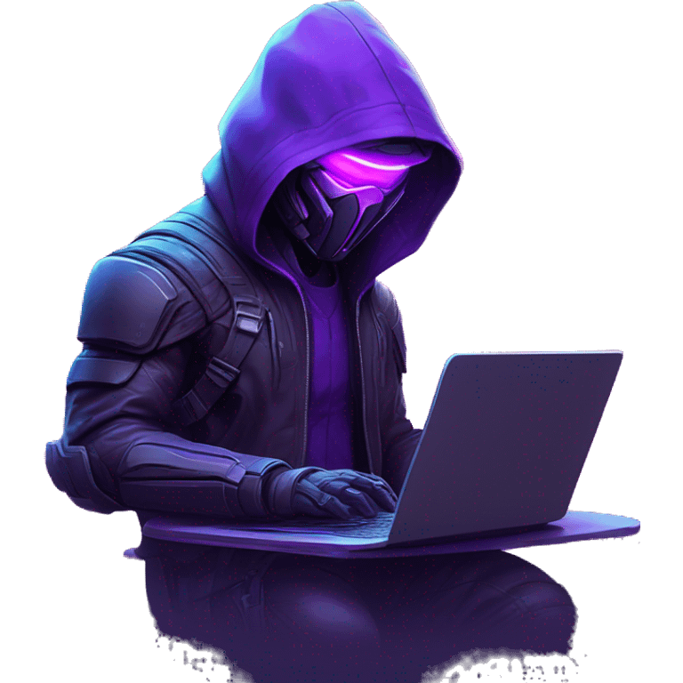 Side view developer behind his laptop with this style : crysis Cyberpunk Valorant neon glowing bright purple character purple violet black hooded assassin themed character emoji