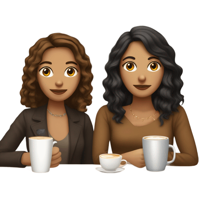 puerto rican woman light skin with shoulder-length, wavy, brown hair drinking latte with Italian florentine woman with black, straight hair drinking espresso at table emoji