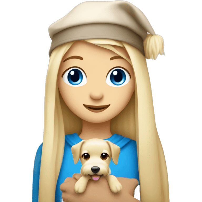 Blonde girl with long straight hair and blue eyes hugs a beige maltipu with a new year cap emoji