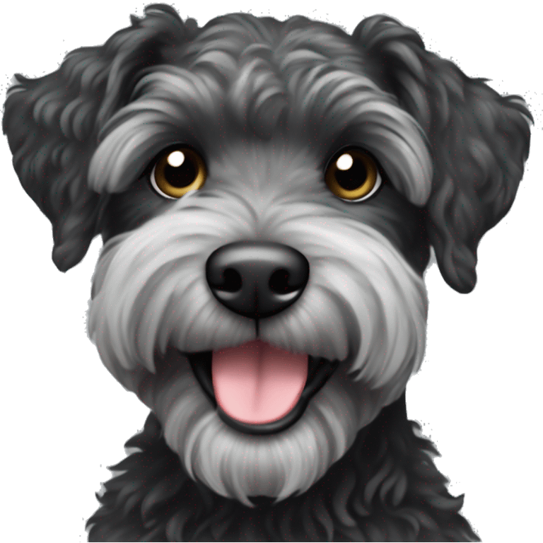 Black schnoodle with grey brindle and an underbite winking while smiling emoji