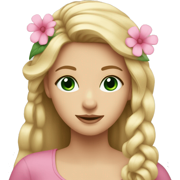 Young woman, long blond hair, dark green eyes and a pink flower in her hair  emoji