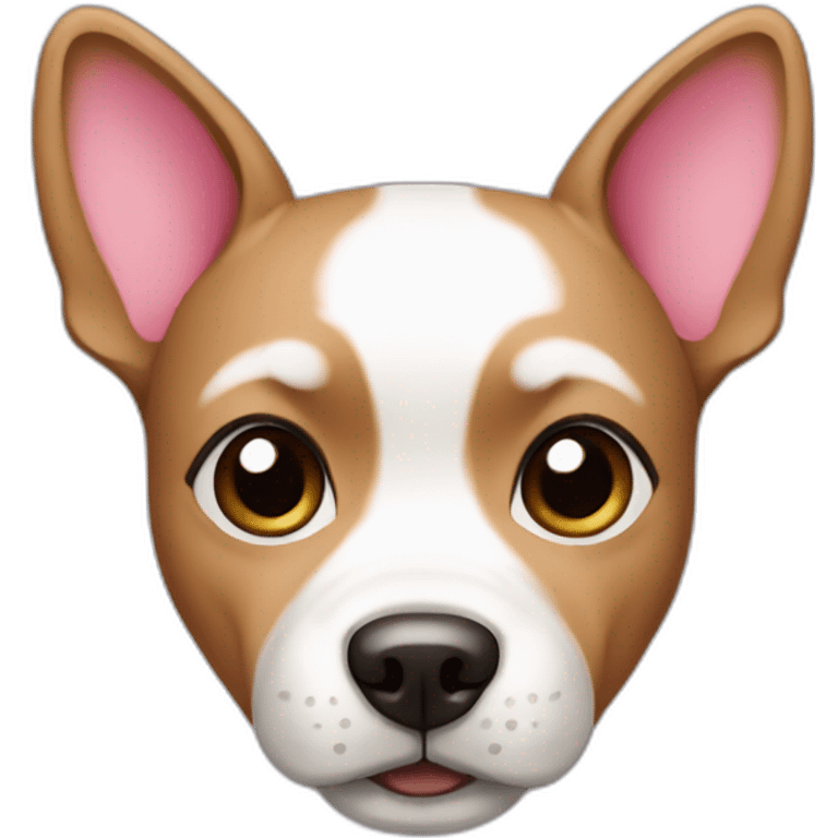 Small dog with a white and brown head, With low ears and pink collar emoji