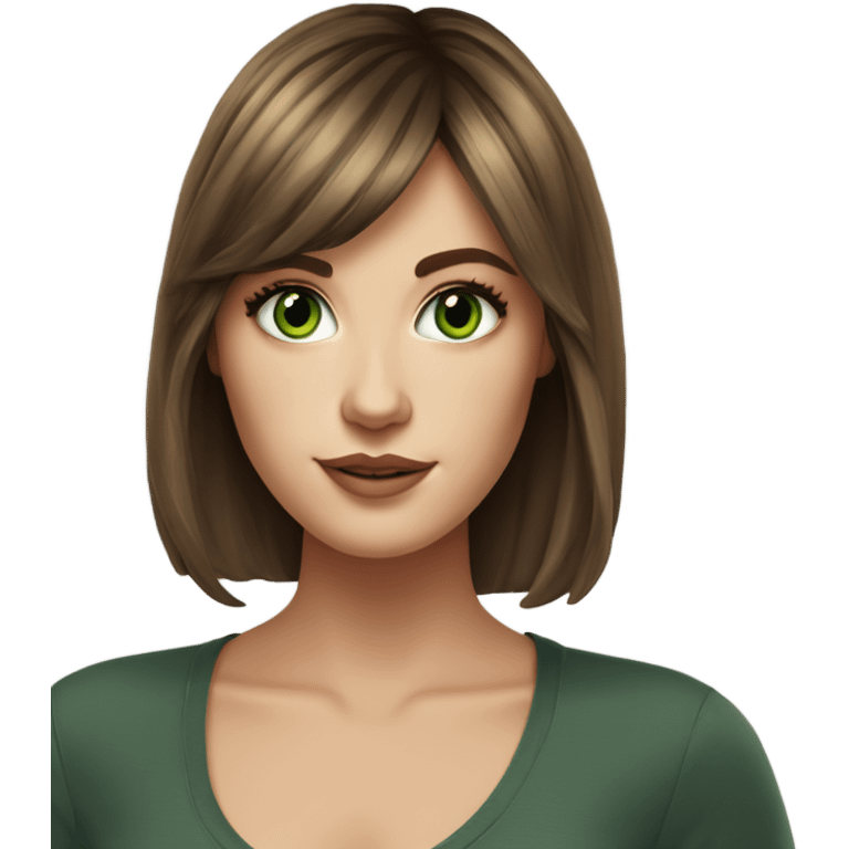 White girl green eyes with medium length voluminous brown hair with brown highlights balayage bangs emoji