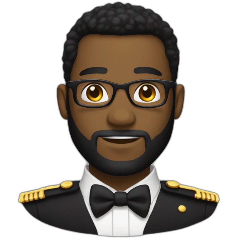 black soldier with beard, part in black hair, white collared shirt, bow tie, gold frame glasses, bulletproof vest  emoji