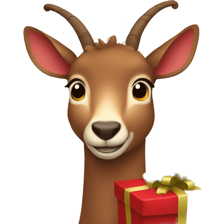 happy smiling brown chamois holding red gift emoji