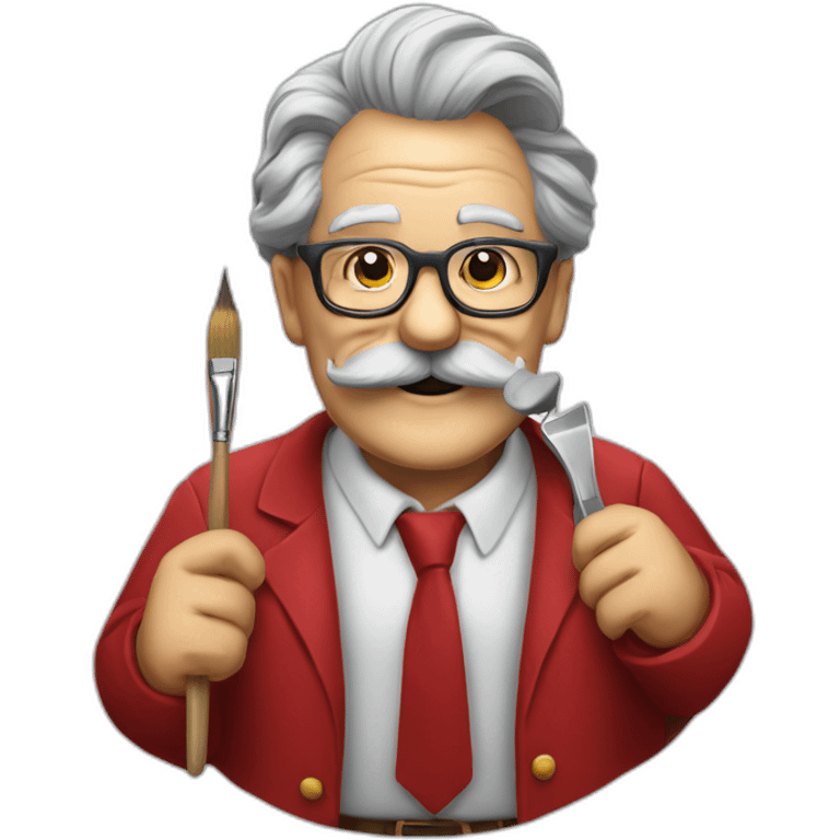 smiling old painter wearing a big grayl horeshoe mustache and glasse. he has a paintbrush in his hand. he wears red shirt and tie emoji