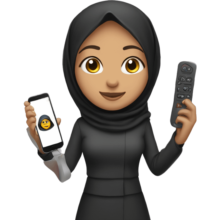 Hijabi girl holding  anki remote in one hand, laptop in the other hand  emoji