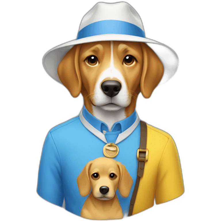 A person wearing a white hat, a blue shirt, and a yellow dog  emoji