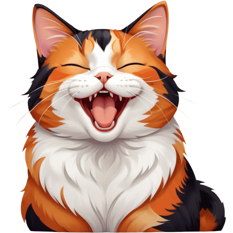 Cinematic Cute Yawning Calico Cat Portrait Emoji, Head tilted mid-yawn with a charming, relaxed expression, showcasing a soft patchwork fur of vibrant orange, black, and white, simplified yet irresistibly adorable, highly detailed, glowing with a cozy, gentle radiance, high shine, exuding sleepy yet endearing charm, styled with a soft glowing outline, capturing the essence of a calico cat caught in a delightful yawn that seems ready to cuddle up for a nap! emoji