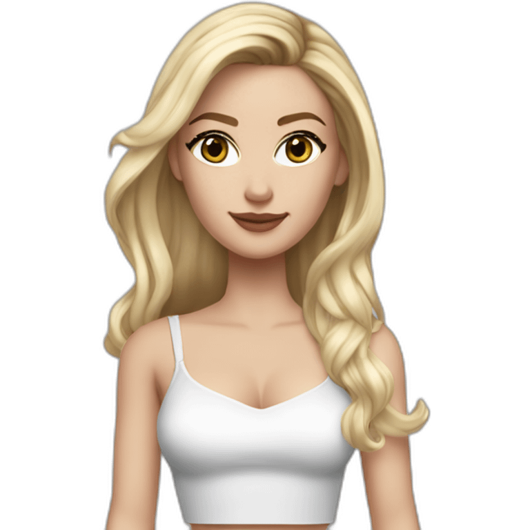 realistic caucasian long blonde hair dark brown eyes woman white crop top gray mini skirt black high heels emoji