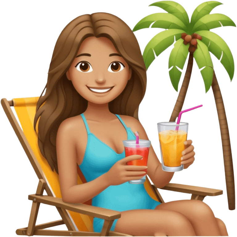 Female smiling with long hair in beach chair with drink  emoji