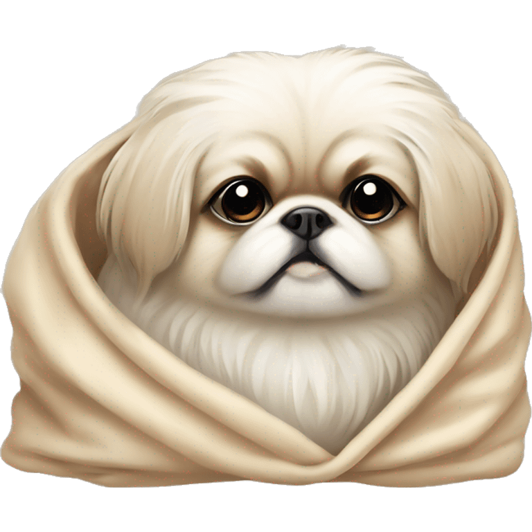 White Pekingese cozy in beige blanket emoji