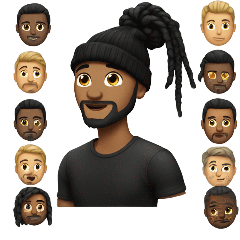 Guy with man bun in black beanie with tattoos emoji