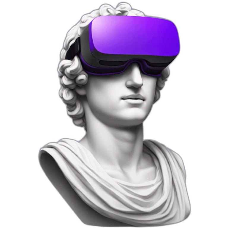 an EMOJI OF A ancient young greek statue, wearing VR headset, purple colors, DIGITAL UNIVERSE emoji