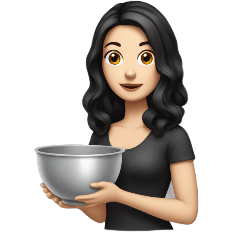 White girl with black hair holding a mixing bowl emoji