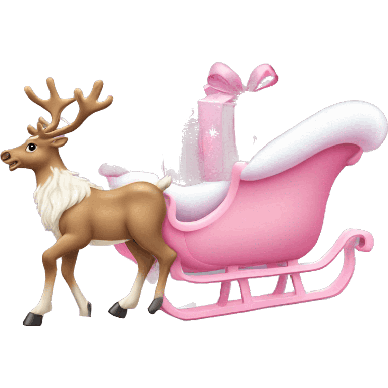 Pastel pink Santa sleigh filled with pastel pink present being pulled by reindeer, wearing pink bows emoji