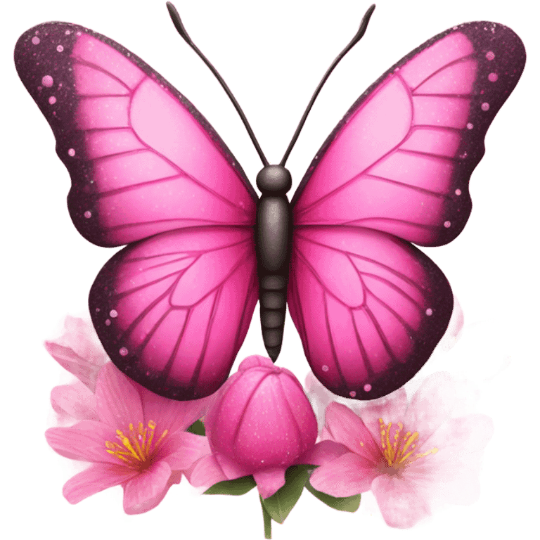 Large beautiful pink butterfly sitting on top of a spring time flower with glitter  emoji