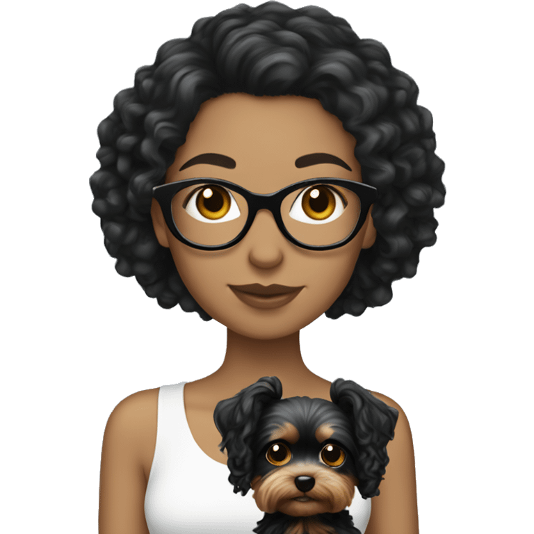 White girl with curly black hair and glasses holding Yorkie  emoji